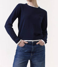 Brodie Cashmere Double Contrast Crew Neck Sweater in navy - women's sweater - alternate view