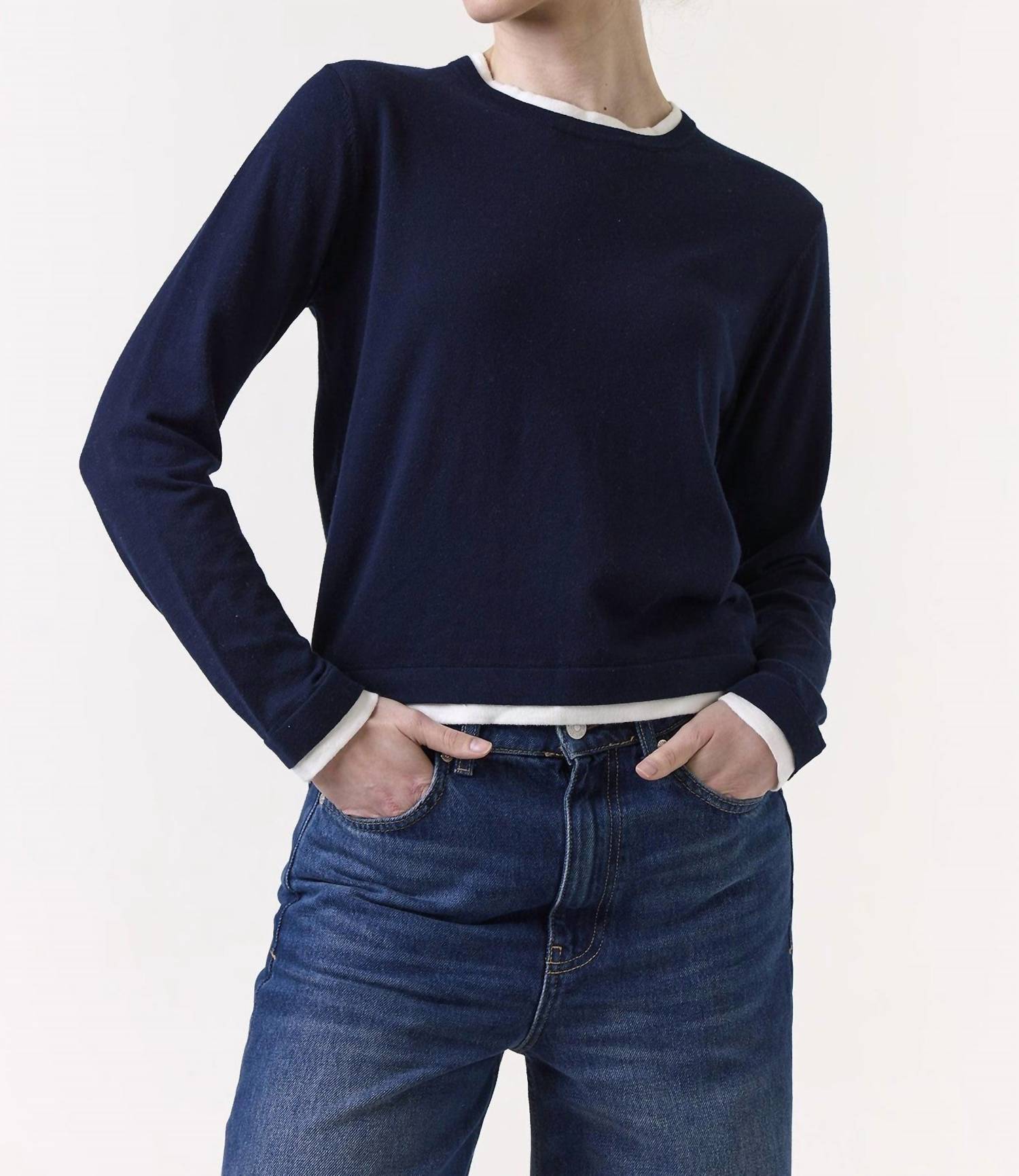Brodie Cashmere Double Contrast Crew Neck Sweater in navy - women's sweater - alternate view
