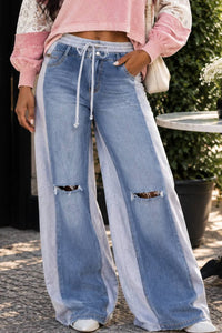 Surelymine - Colorblock Denim And Sweatpant Hybrid Wide-leg Pants