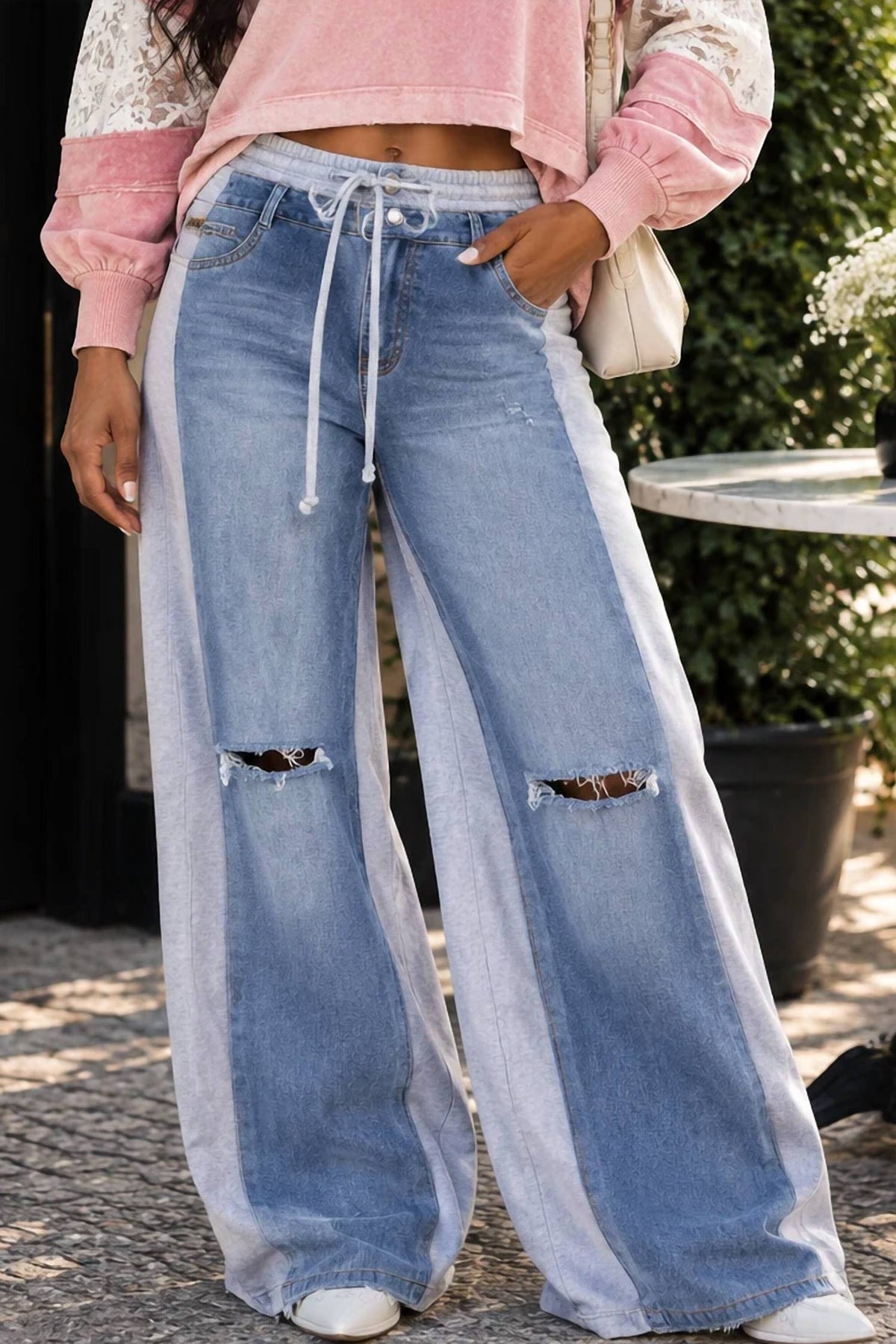 Surelymine - Colorblock Denim And Sweatpant Hybrid Wide-leg Pants