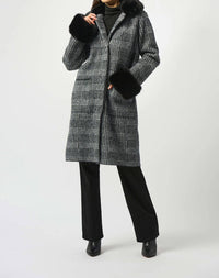 Joseph Ribkoff - Feather Yarn Plaid Jacquard Coat With Faux Fur Trim