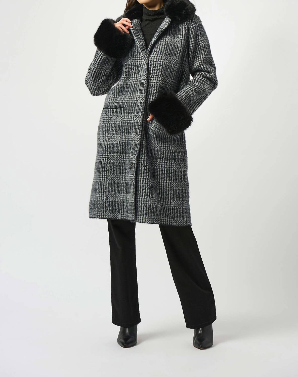 Joseph Ribkoff - Feather Yarn Plaid Jacquard Coat With Faux Fur Trim
