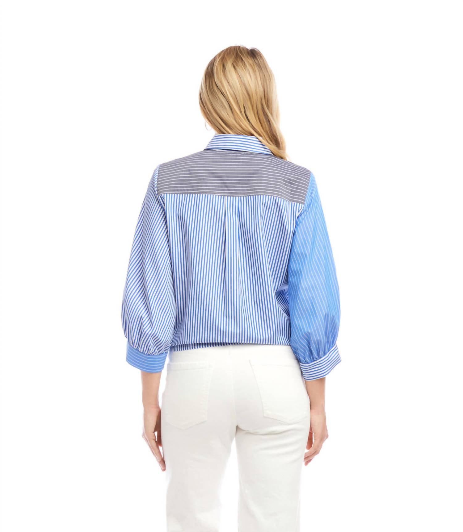 Karen Kane - Blouson Sleeve Mixed Stripe Tie-Front Top