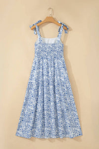 Unishe - Floral Print Knot Straps High Waist Flared Maxi Dress