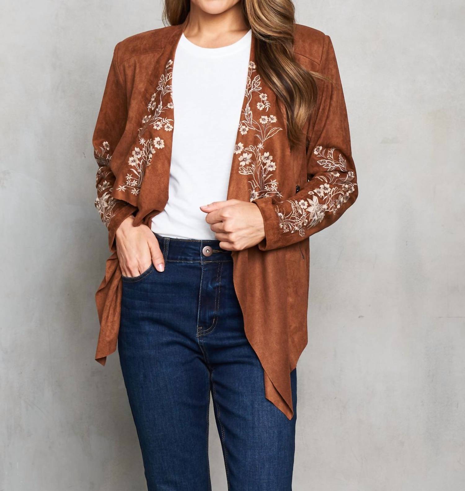 Paparazzi - Faux Suede Embroidered Open Front Short Jacket