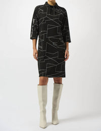 Joseph Ribkoff Abstract Print 3/4 Sleeve Turtle Neck Straight Dress in black off white - women's dress