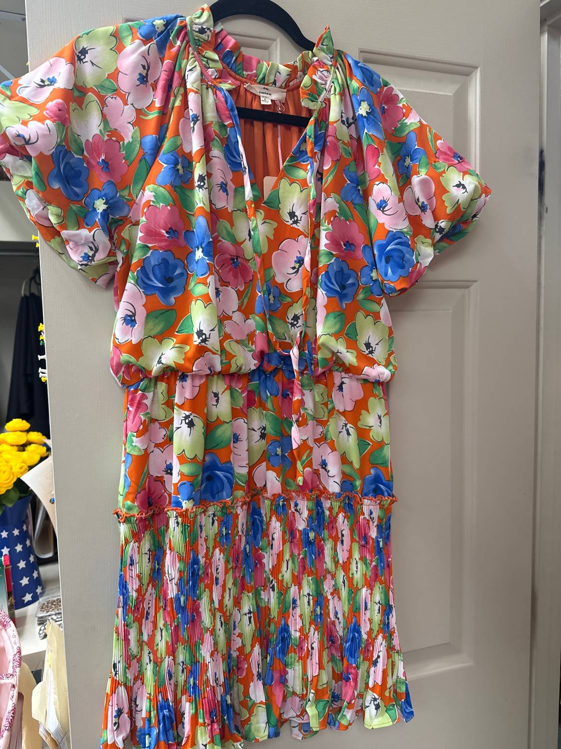 entro Sketched Floral Flutter Dress in orange multi - women's dress - detail view