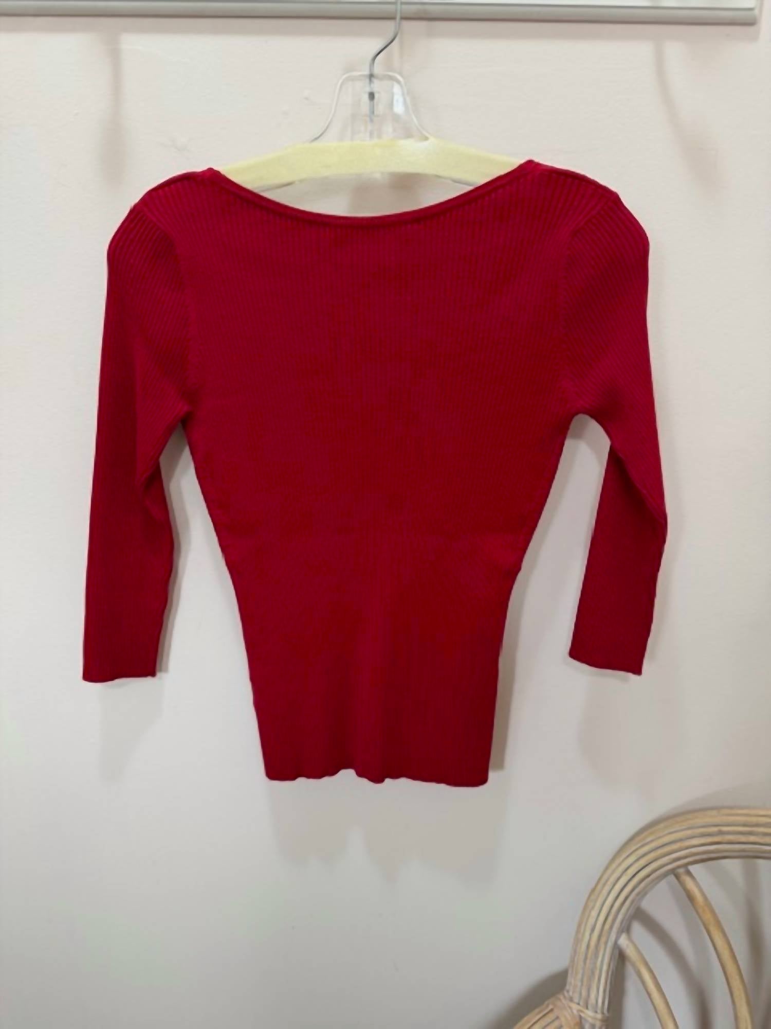 Katherine Barclay Women's Ribbed Knit V-Neck Top in red - women's blouse - detail view