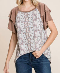 Emerald Collection Floral Paisley Tiered Sleeves Top in brown - women's blouse - alternate view