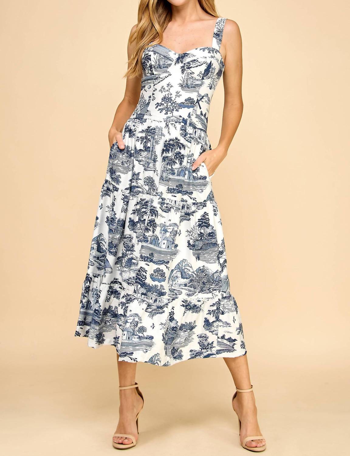 Tcec - Toile Printed Sweetheart Neckline Midi Dress