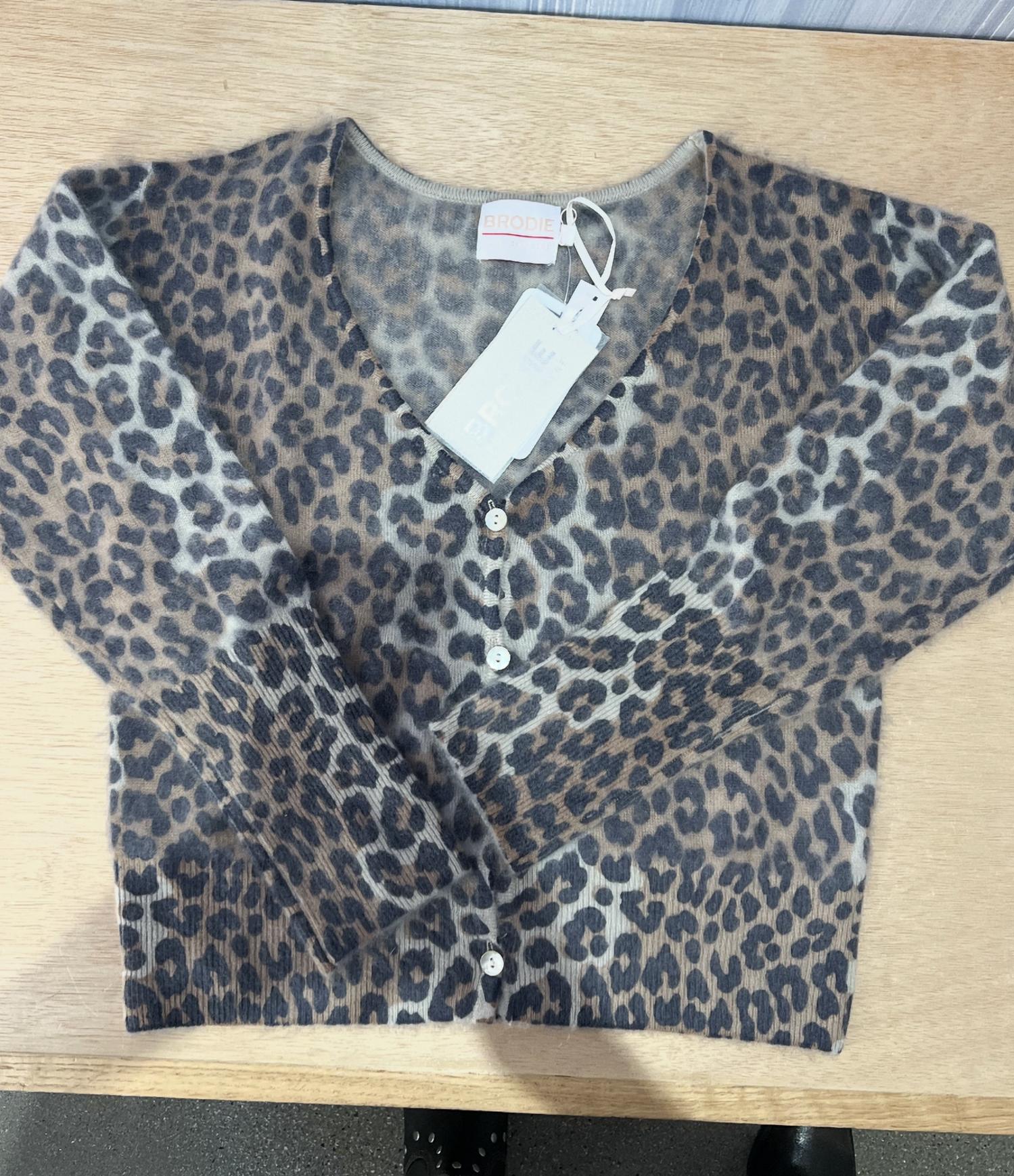 Brodie Cashmere Belle Leopard Sweater in camel blk - women's sweater - detail view
