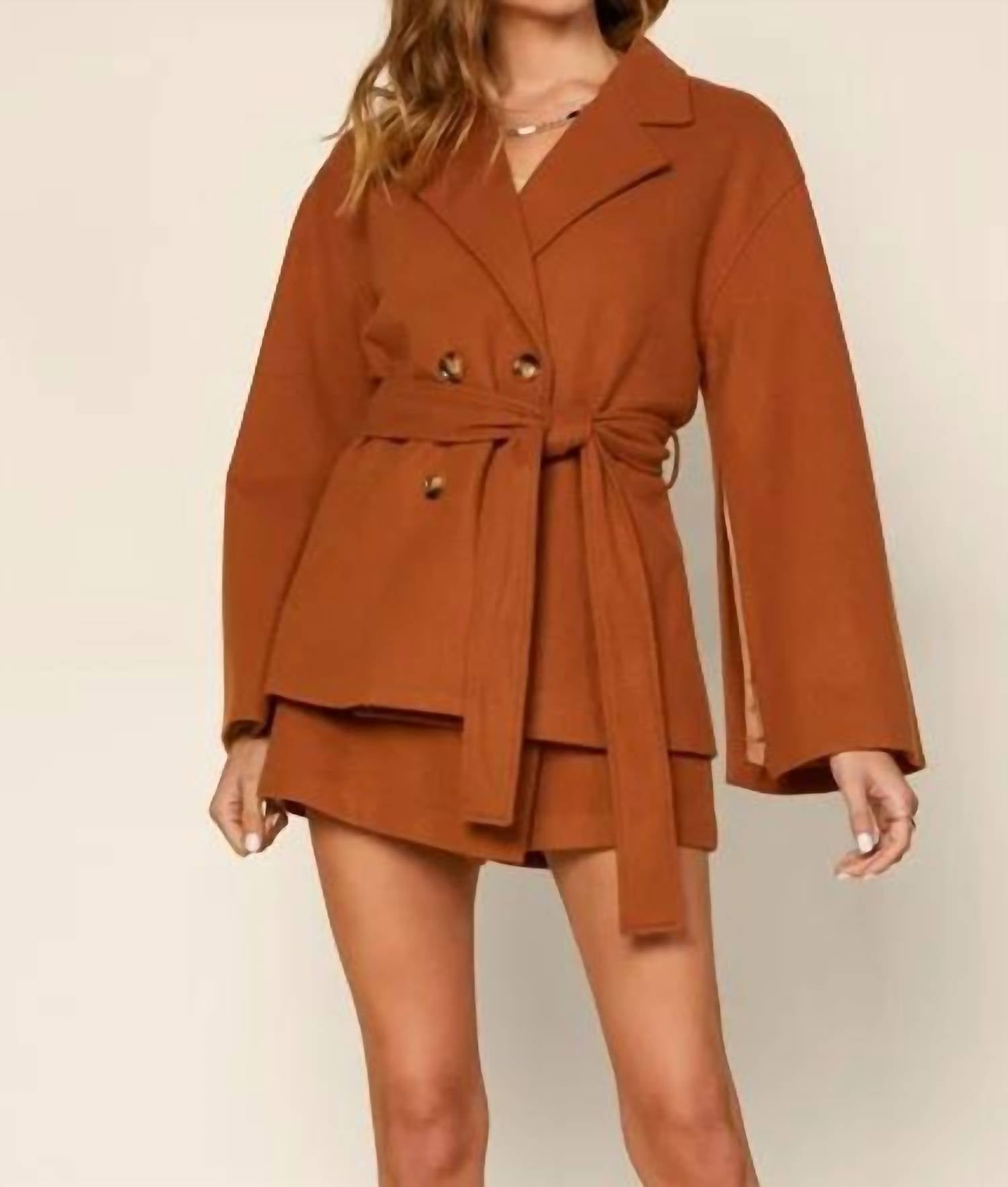 Skies Are Blue - Split Sleeve Cape Coat With Waist Tie