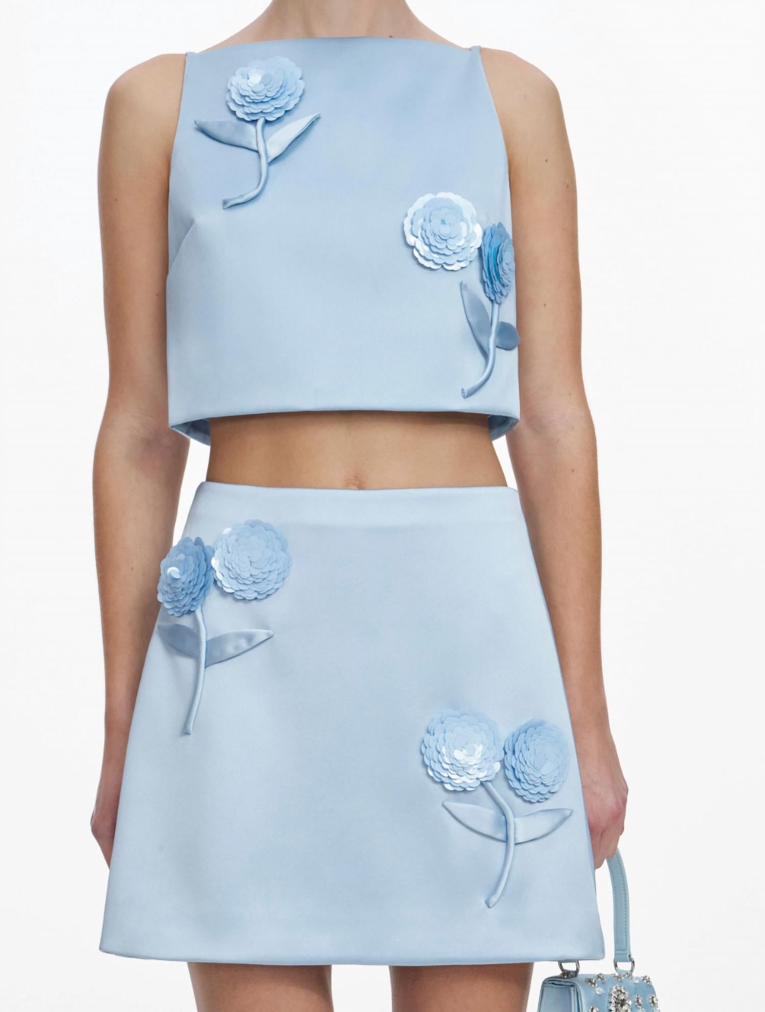 Self-Portrait - Satin 3d Sequin Flower Top