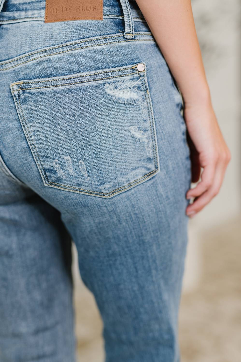 Judy Blue Mid Rise Boot Cut Jean With Distress Hem in vintage wash - women's jeans - view 4