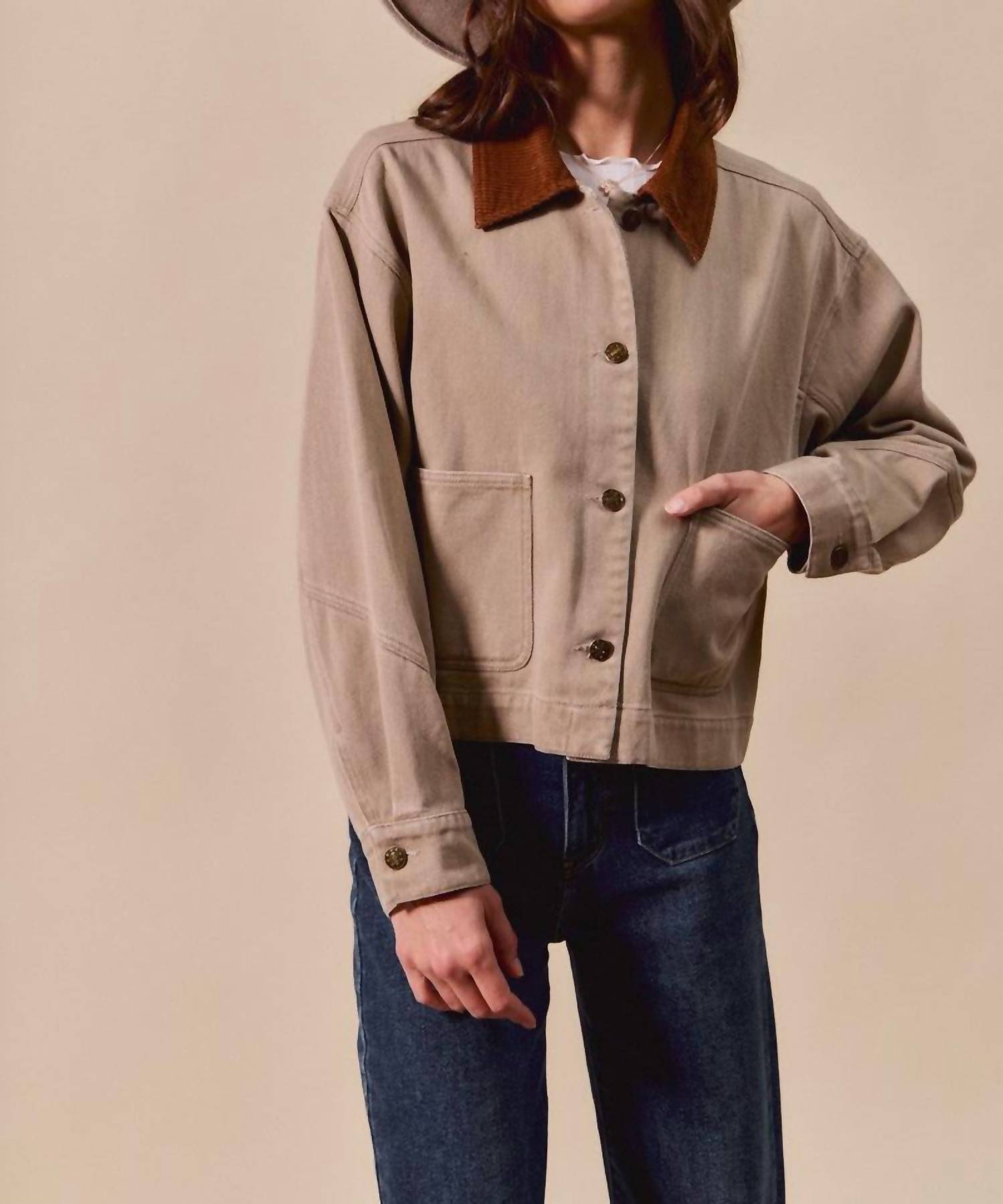 So Me - Cropped Barn Jacket With A Corduroy Collar