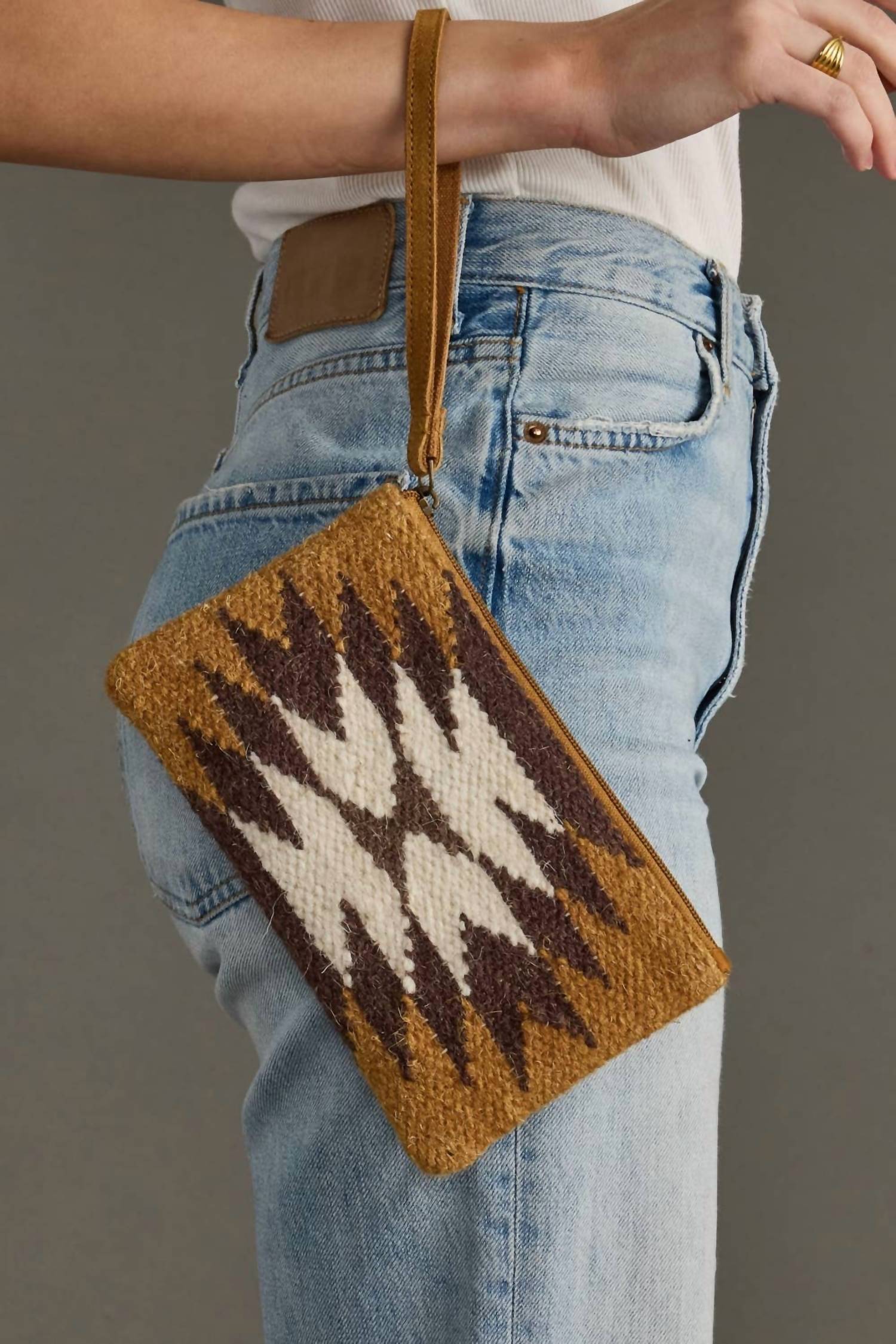 Panache Apparel Women's Western Aztec Wool Wristlet in tan brown cream with suede pull - women's bag
