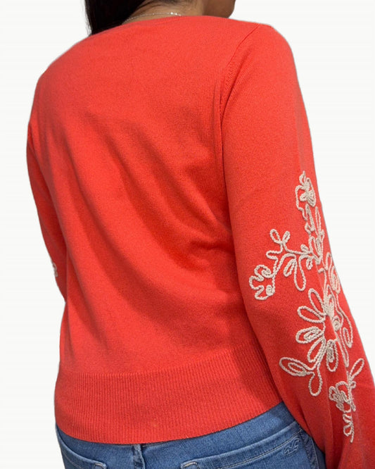 Autumn Cashmere - Puff Sleeve V Sweater With Contrast Embroidery