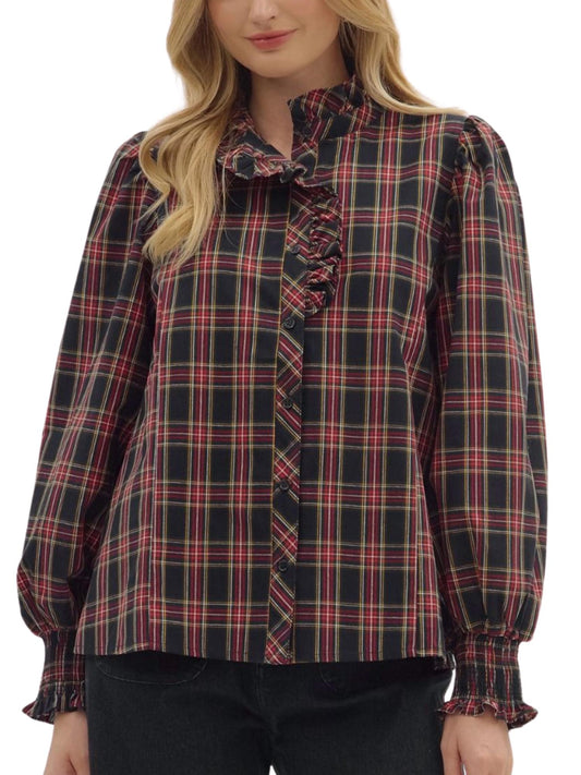 Entro - Plaid Ruffle Front Long Sleeve Top
