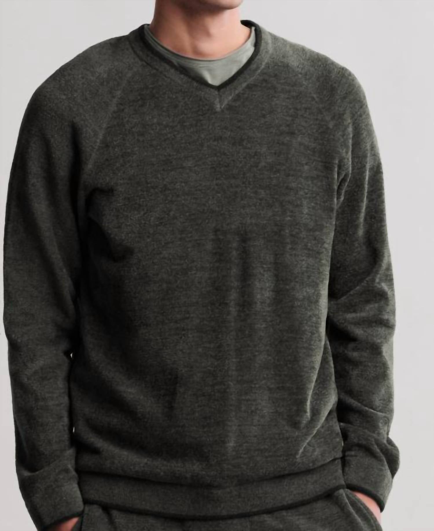 BAREFOOT DREAMS Cozychic Ultra Lite V-neck Pullover in dark moss - men's long sleeve top