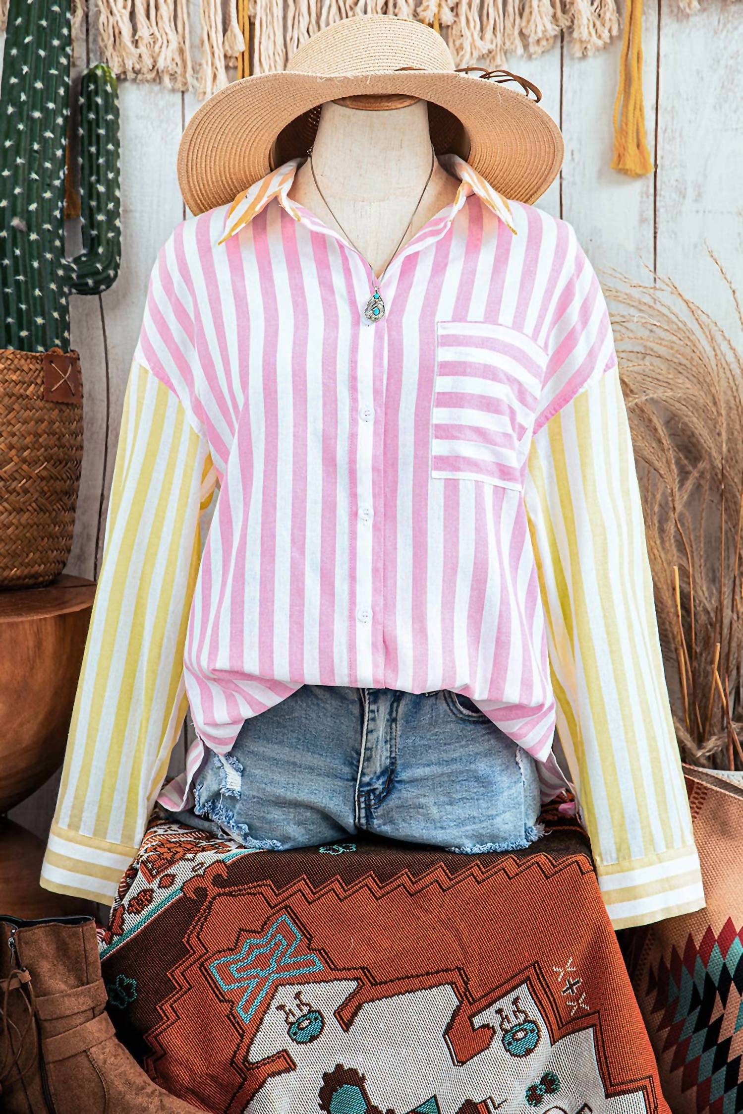 fashionworks Stripe Collar Patchwork Long Sleeve Shirt in pink - women's long sleeve top - view 6