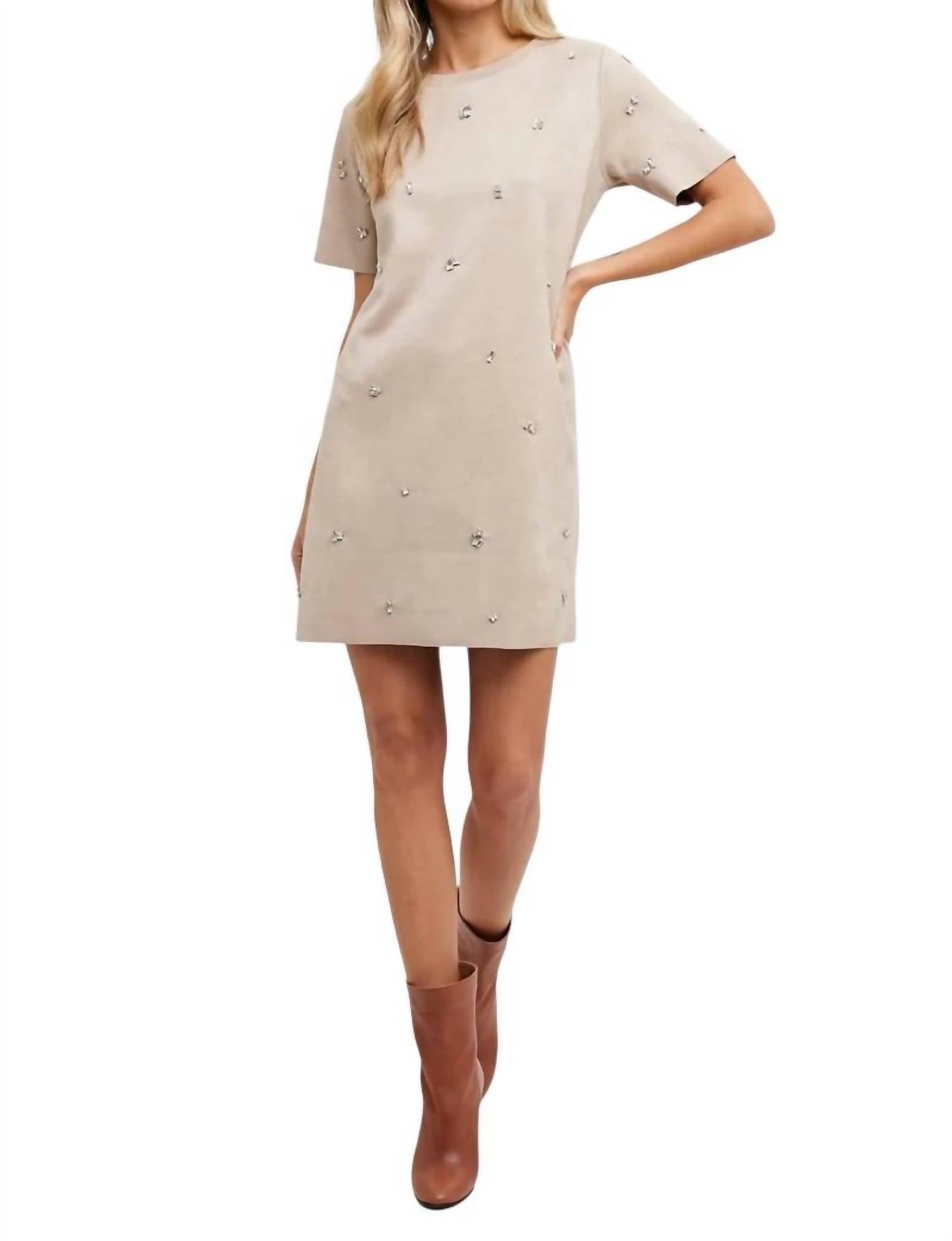 Bluivy - Elle Rhinestone Embellished Suede Shift Mini Dress