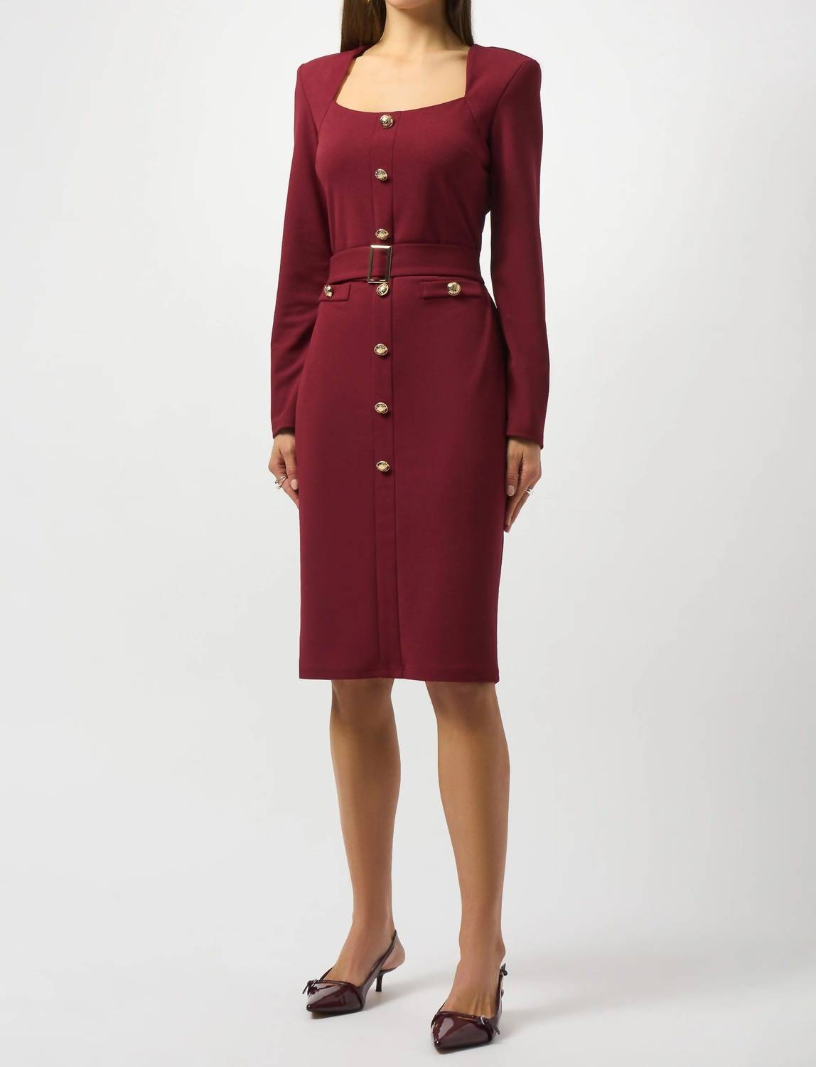 Joseph Ribkoff Belted Square Neck Sheath Dress in merlot - women's dress