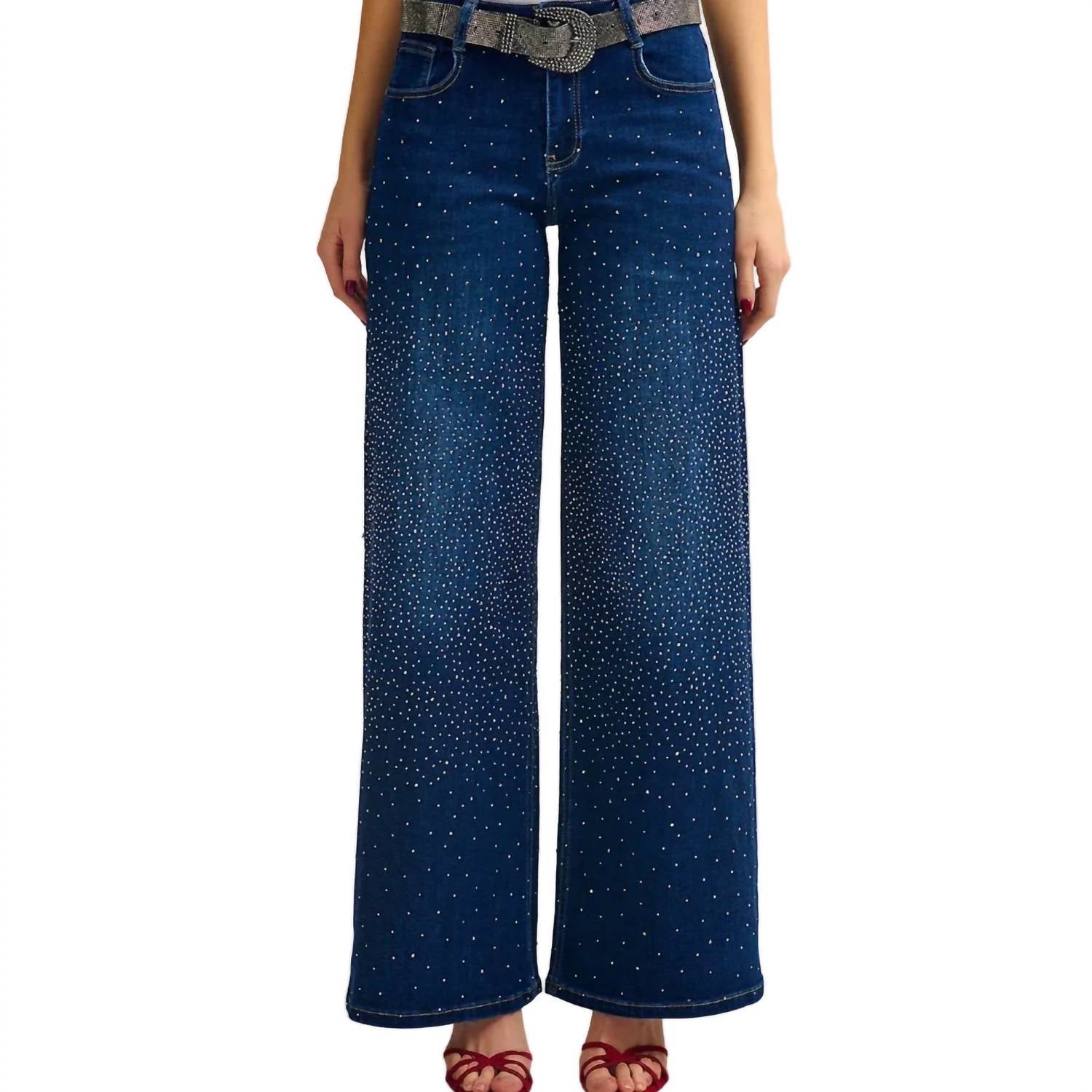 Q2 - Wide Leg Denim Jeans With Rhinestone Details