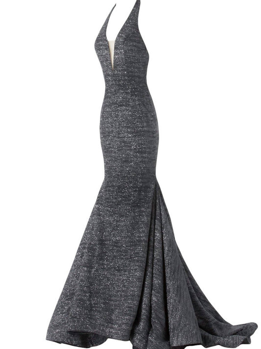 Jovani - Plunging Halter Neck Formal Gown