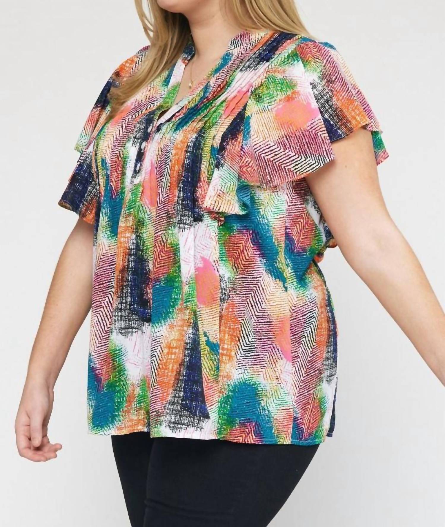 Entro - V-Neck Ruffle Sleeve Top