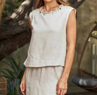 Paparazzi - Linen Beaded Crew Neck Sleeveless Blouse