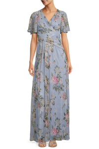 Adrianna Papell - V-neck Flutter Short Sleeves Long Metallic Mesh Gown