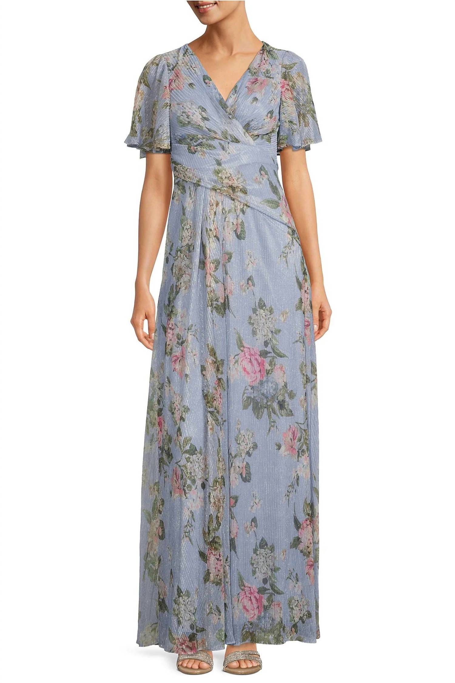 Adrianna Papell - V-neck Flutter Short Sleeves Long Metallic Mesh Gown