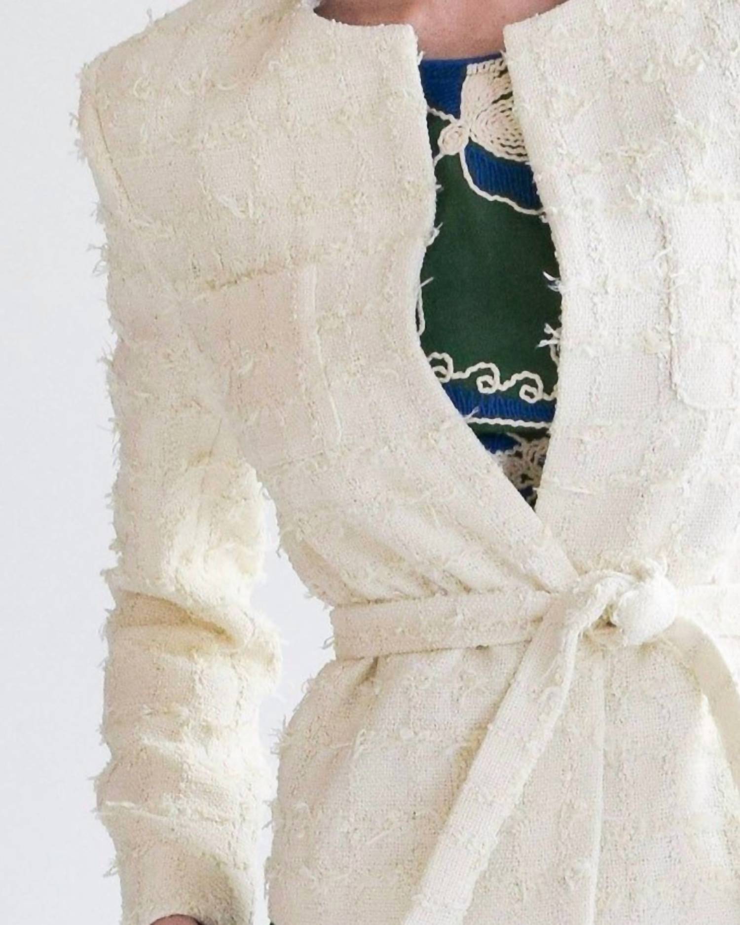 Never a Wallflower Tie Waist Jacket in ivory tweed - women's jacket - detail view
