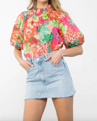 THML Puff Sleeve Floral Print Top in coral - women's blouse - detail view