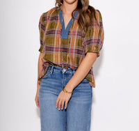 THML Color Pop Plaid Puff Sleeve Top in olive - women's blouse - view 6