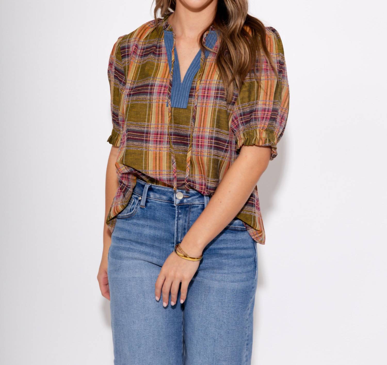 THML Color Pop Plaid Puff Sleeve Top in olive - women's blouse - view 6