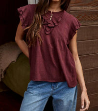 By Together Lacey Woven Button Top in wine - women's t-shirt