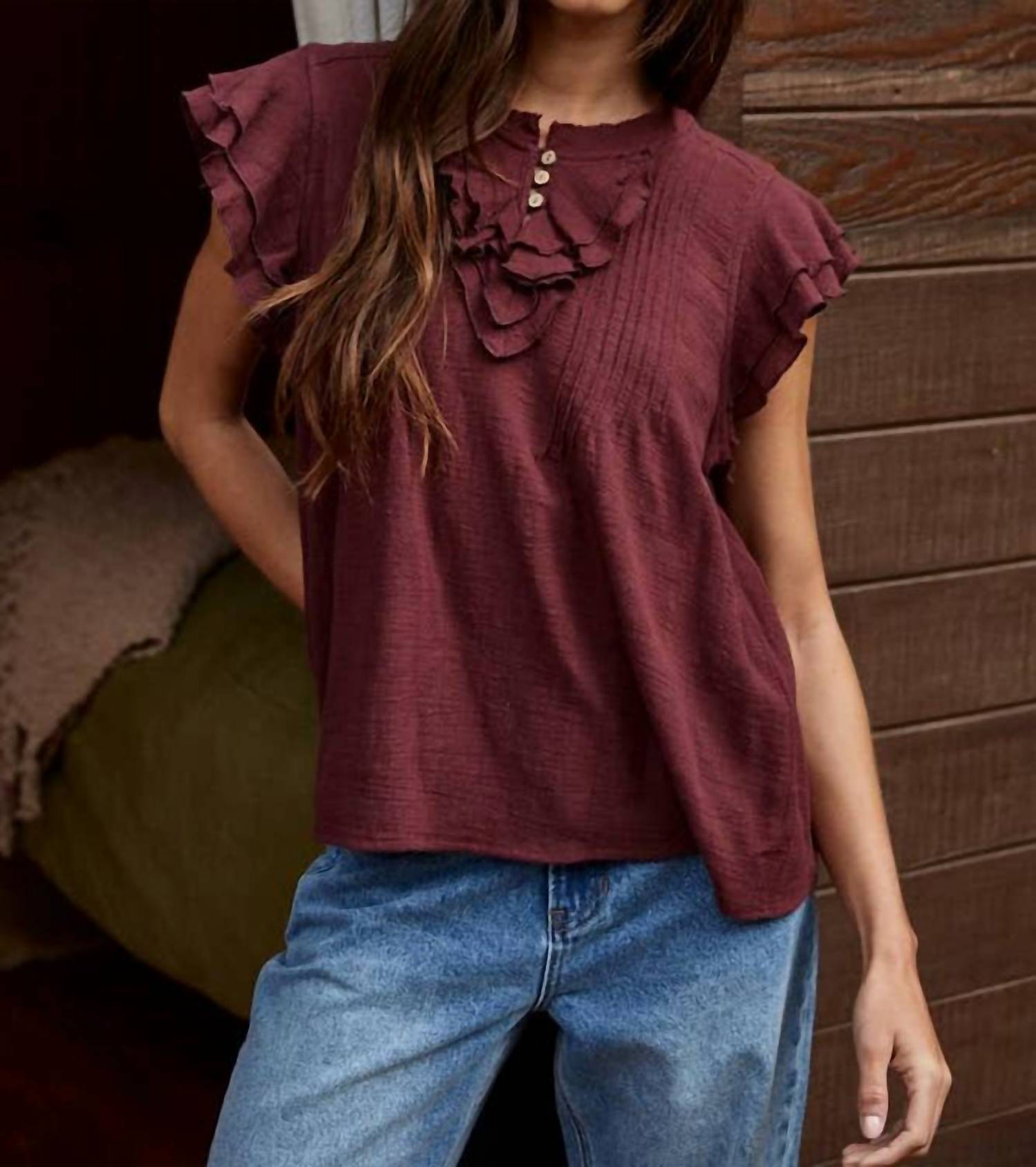 By Together Lacey Woven Button Top in wine - women's t-shirt