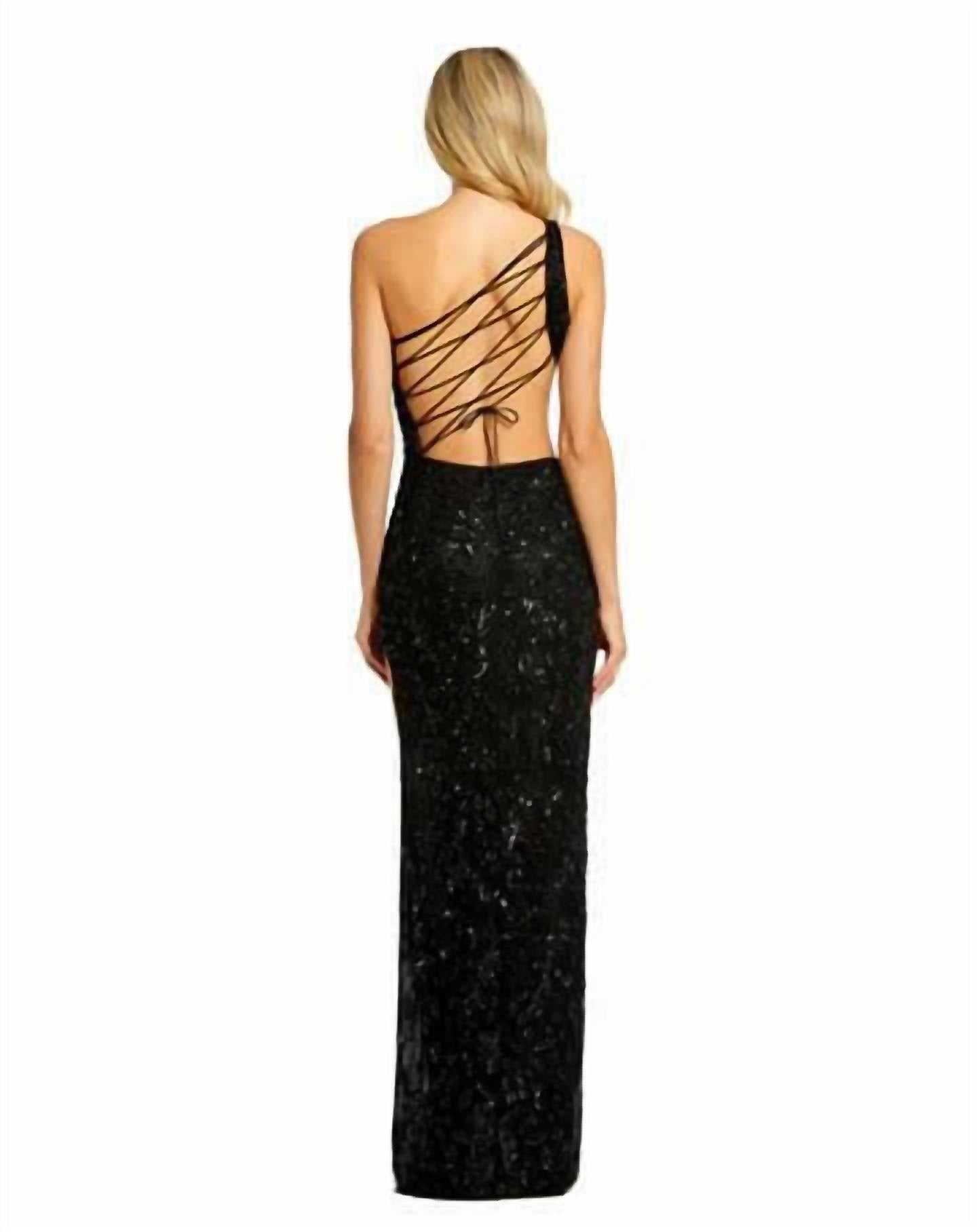 MAC DUGGAL Lainey Asymmetrical One Shoulder Formal Prom Dress in black - women's dress - detail view
