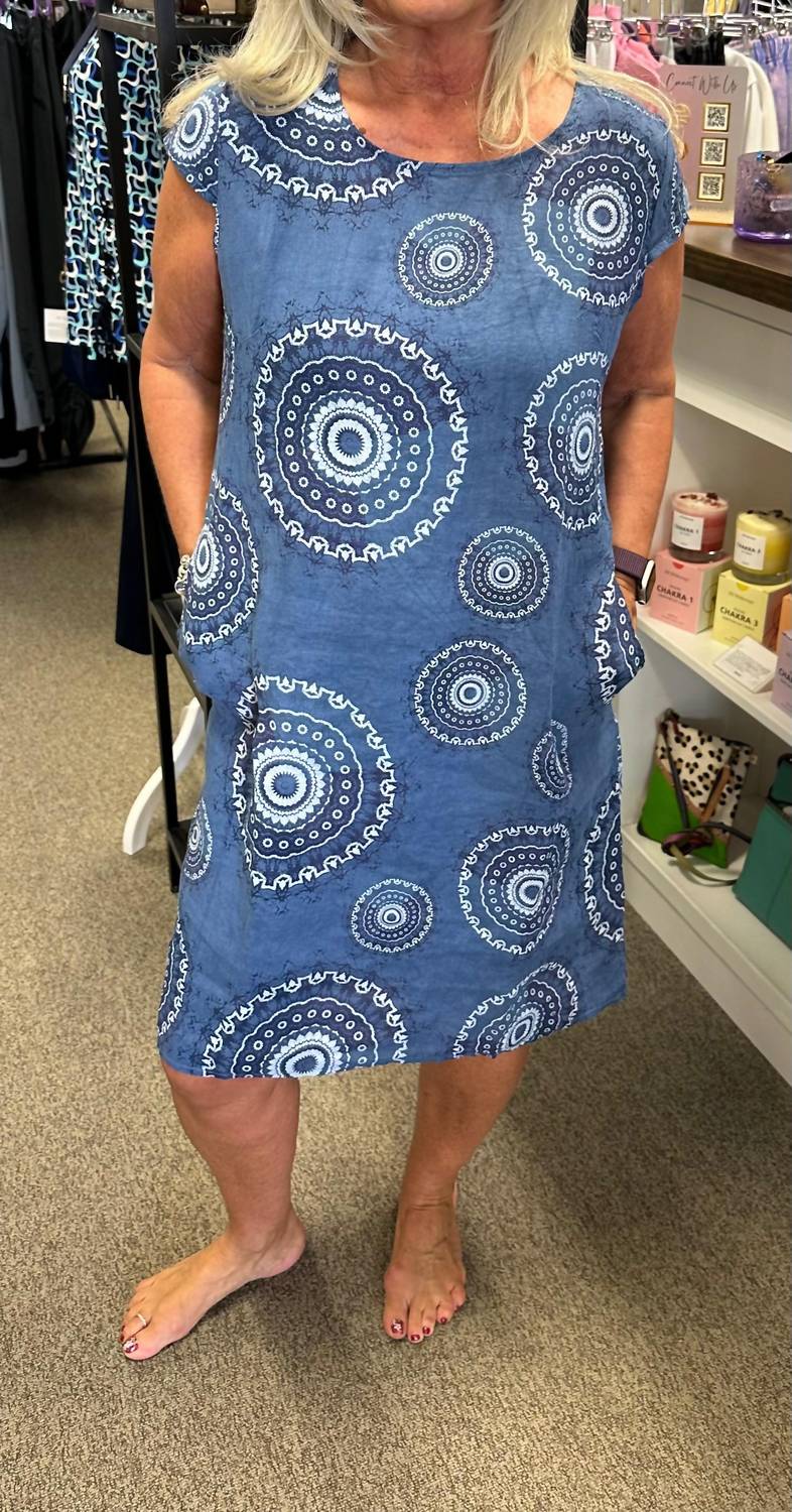 Femme Fatale Linen Print Midi Dress in indigo - women's dress