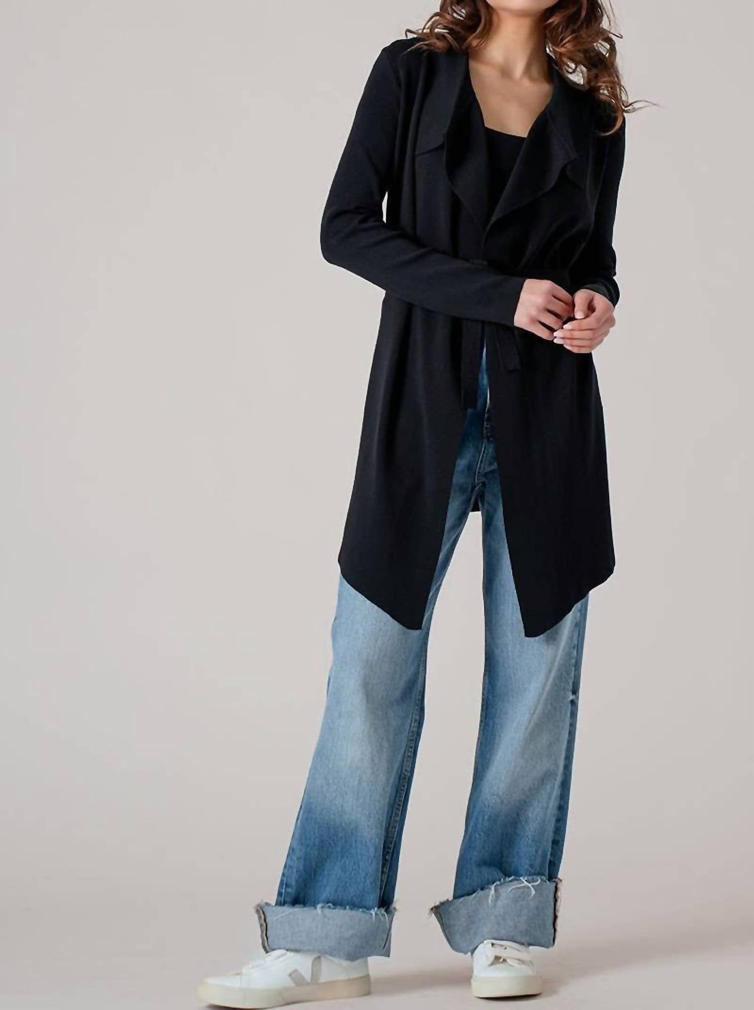 Urban Daizy Draped Front Long Sleeve Waist Tie Cardigan in black - women's cardigan - detail view
