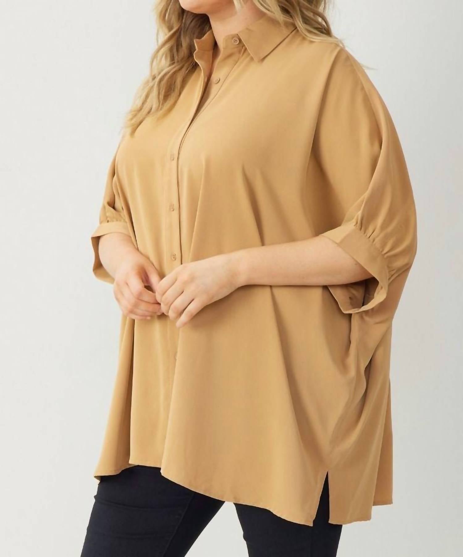 Entro - Dolman Curvy 3/4 Sleeve Button Up Top