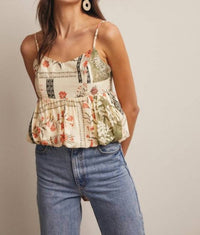 Forte Patchwork Floral Peplum Cami Top in beige - women's shirt - alternate view