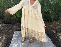 POL Long Sleeve Cotton Gauze Tiered Dress With Crochet Trim in natural - women's dress - view 4