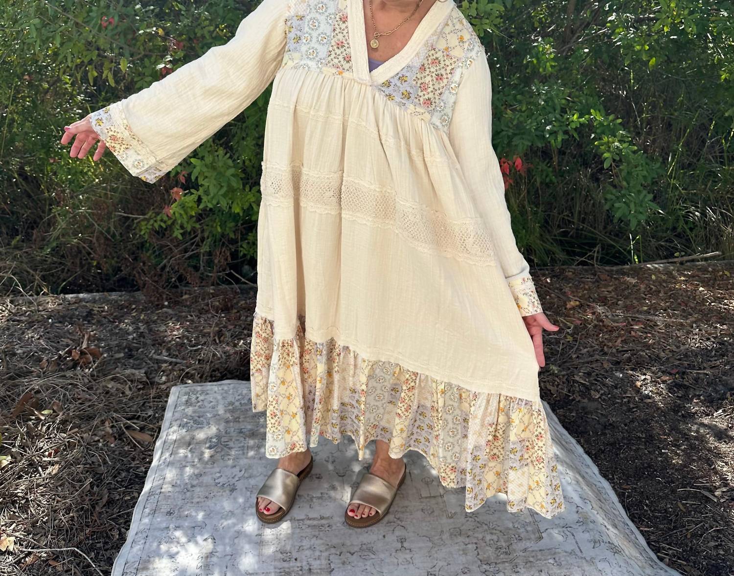 POL Long Sleeve Cotton Gauze Tiered Dress With Crochet Trim in natural - women's dress - view 4