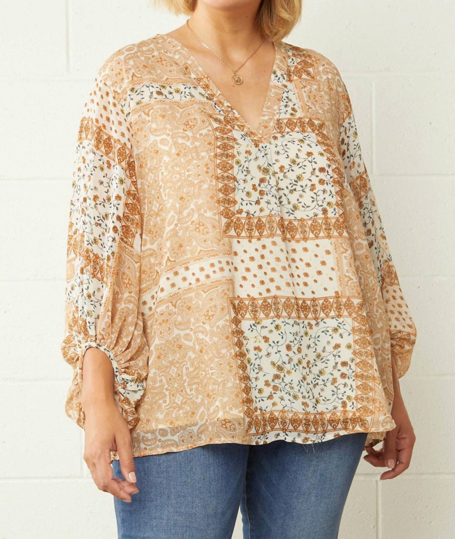 entro Mixed Print Bubble Sleeve Blouse - Plus in beige - women's blouse