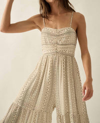 PROMESA Geometric Print Ruched Wide-leg Tiered Ruffle Jumpsuit in oatmeal - women's pants - view 5