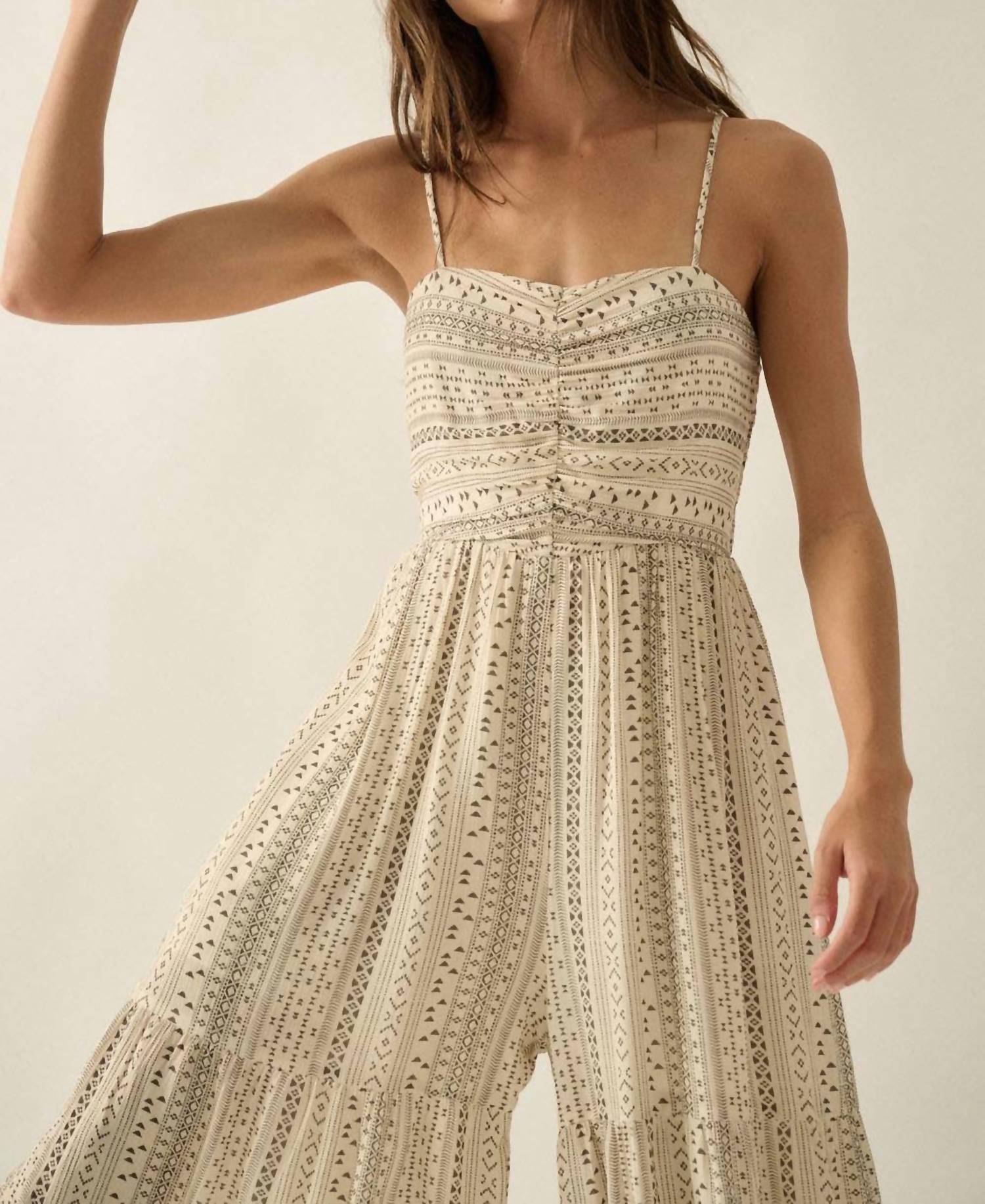 PROMESA Geometric Print Ruched Wide-leg Tiered Ruffle Jumpsuit in oatmeal - women's pants - view 5