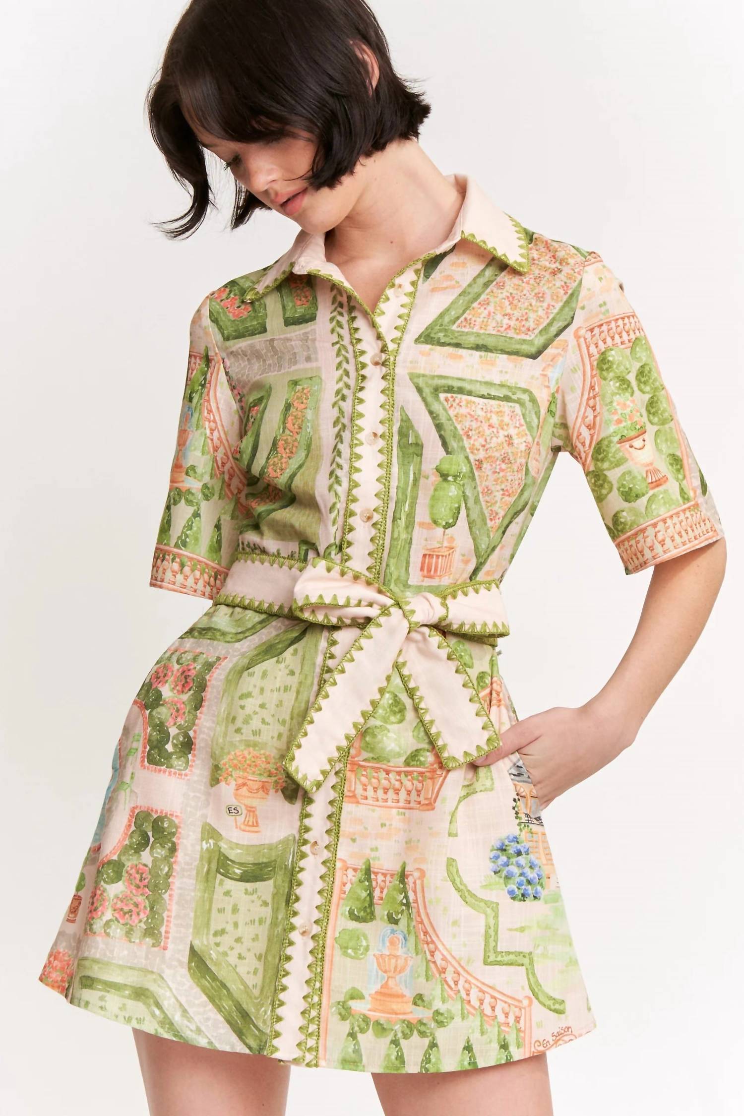 En Saison Sariyah Mini Shirt Dress in ivory olive multi - women's dress - view 4