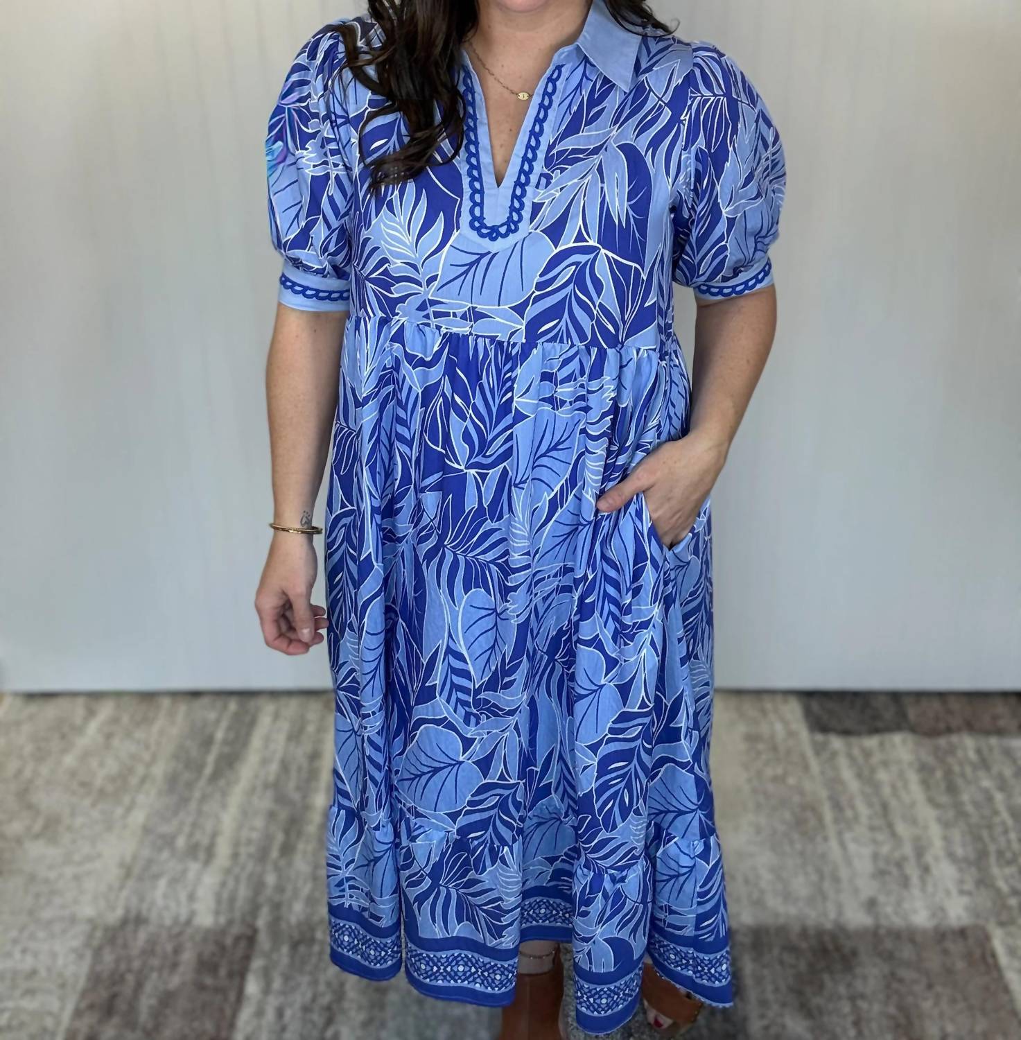 Umgee - Border Print V-neck Midi Dress